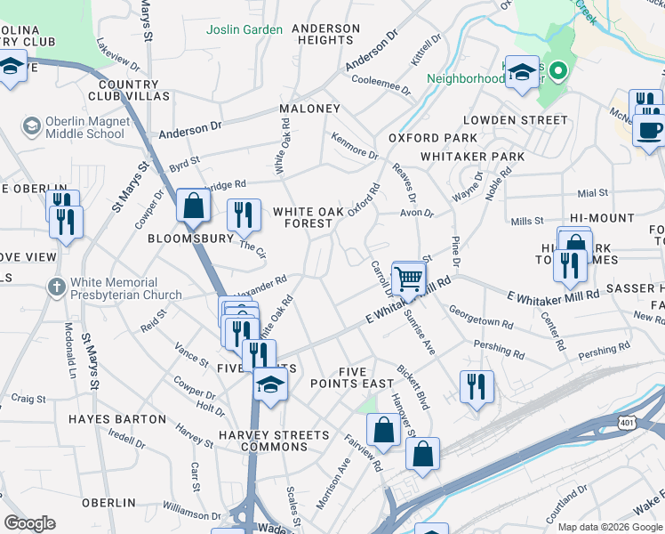 map of restaurants, bars, coffee shops, grocery stores, and more near 2206 Alexander Road in Raleigh