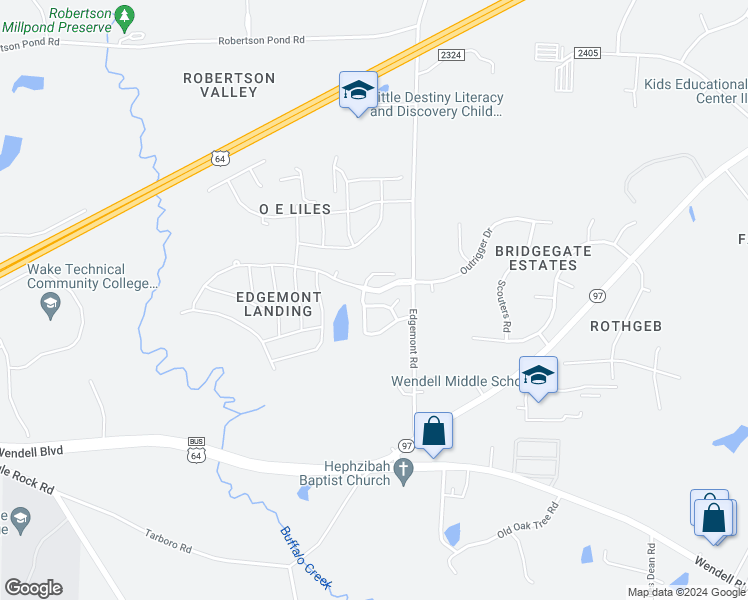 map of restaurants, bars, coffee shops, grocery stores, and more near 5871 Sparrows Nest Way in Wendell