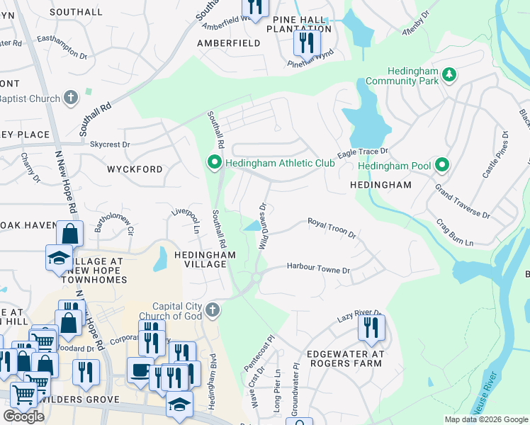 map of restaurants, bars, coffee shops, grocery stores, and more near 4920 Long Point Court in Raleigh