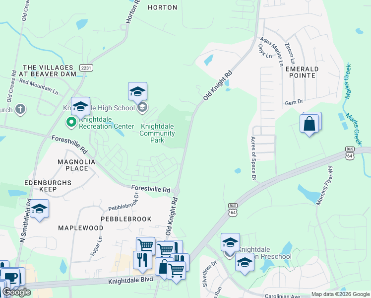map of restaurants, bars, coffee shops, grocery stores, and more near 1024 Old Knight Road in Knightdale
