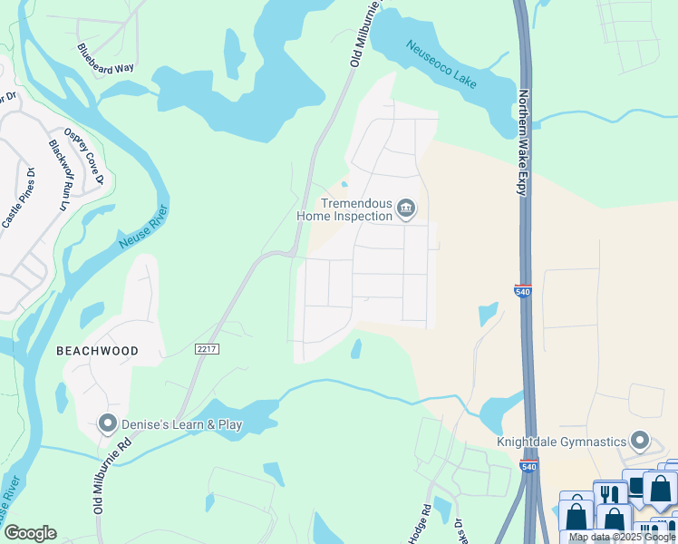 map of restaurants, bars, coffee shops, grocery stores, and more near 1700 Old Milburnie Road in Raleigh