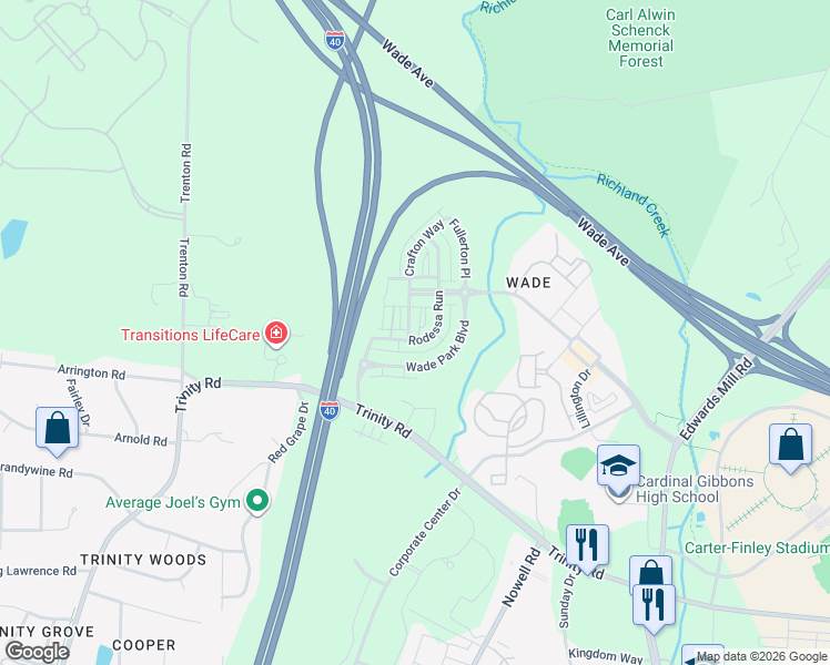 map of restaurants, bars, coffee shops, grocery stores, and more near 1404 Crafton Way in Raleigh