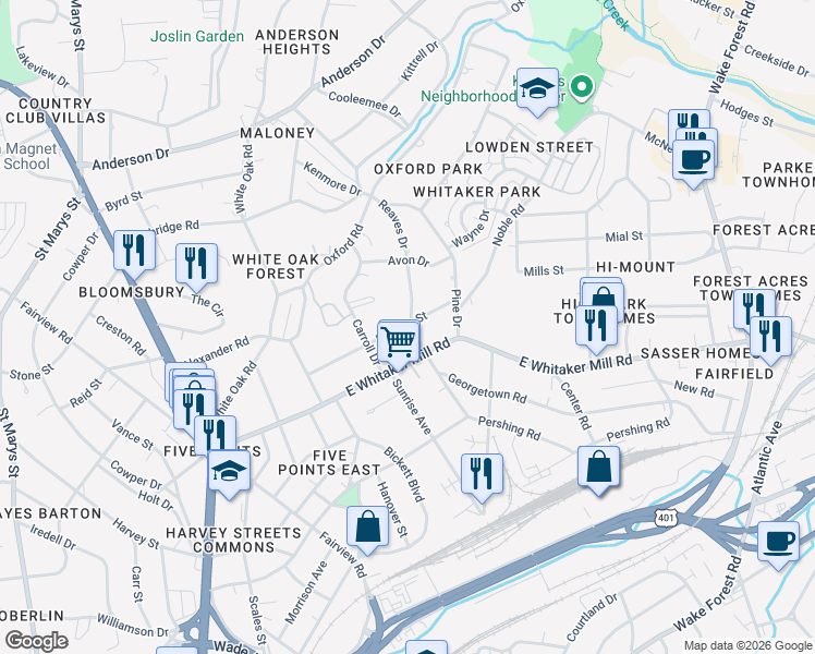 map of restaurants, bars, coffee shops, grocery stores, and more near 301 East Whitaker Mill Road in Raleigh