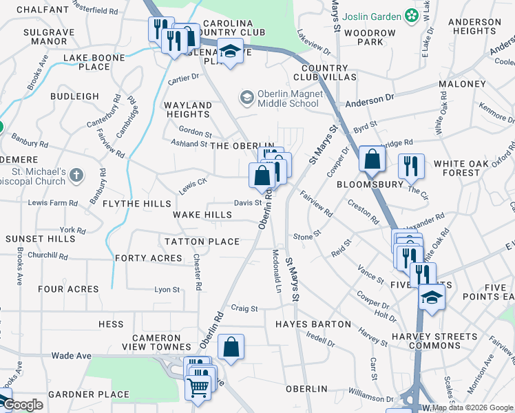 map of restaurants, bars, coffee shops, grocery stores, and more near 2601 Davis Street in Raleigh