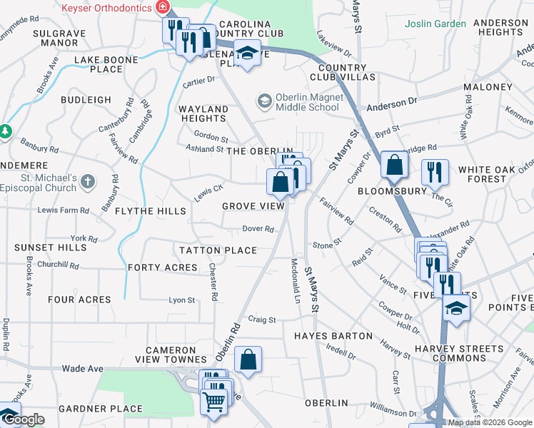 map of restaurants, bars, coffee shops, grocery stores, and more near 2627 Davis Street in Raleigh