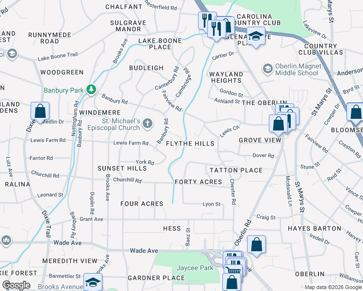 map of restaurants, bars, coffee shops, grocery stores, and more near 2704 Manning Place in Raleigh