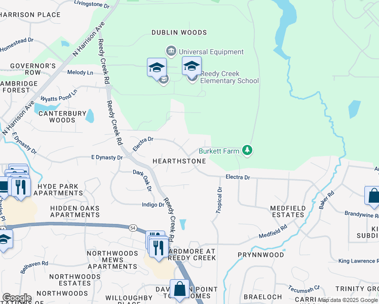 map of restaurants, bars, coffee shops, grocery stores, and more near 302 Electra Drive in Cary