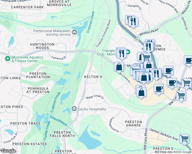map of restaurants, bars, coffee shops, grocery stores, and more near 702 Kirkeenan Circle in Morrisville