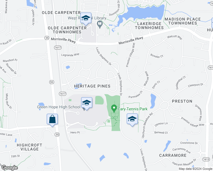 map of restaurants, bars, coffee shops, grocery stores, and more near 300 Indian Elm Lane in Cary