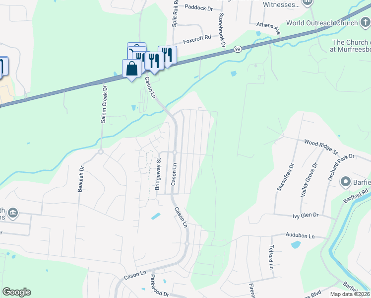 map of restaurants, bars, coffee shops, grocery stores, and more near 2177 Cason Lane in Murfreesboro