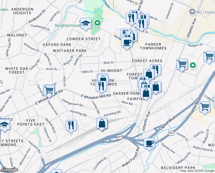 map of restaurants, bars, coffee shops, grocery stores, and more near 1813 Ridley Street in Raleigh