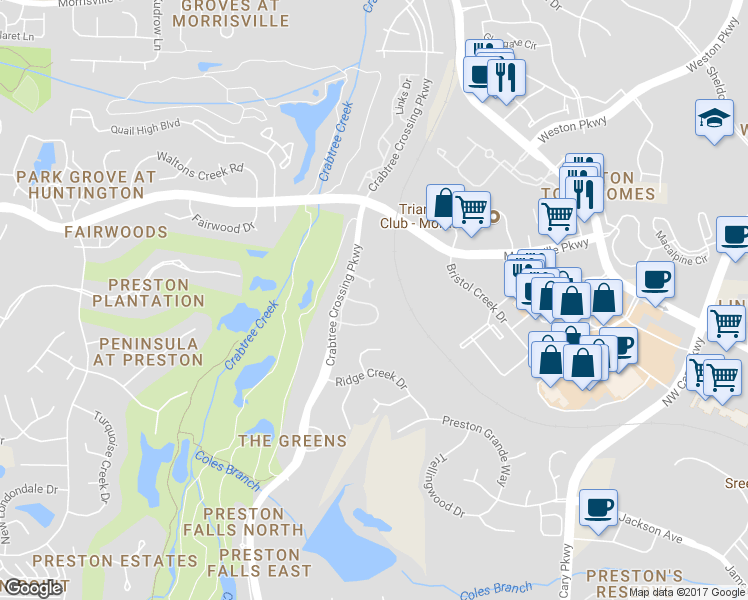 map of restaurants, bars, coffee shops, grocery stores, and more near 702 Kirkeenan Circle in Morrisville