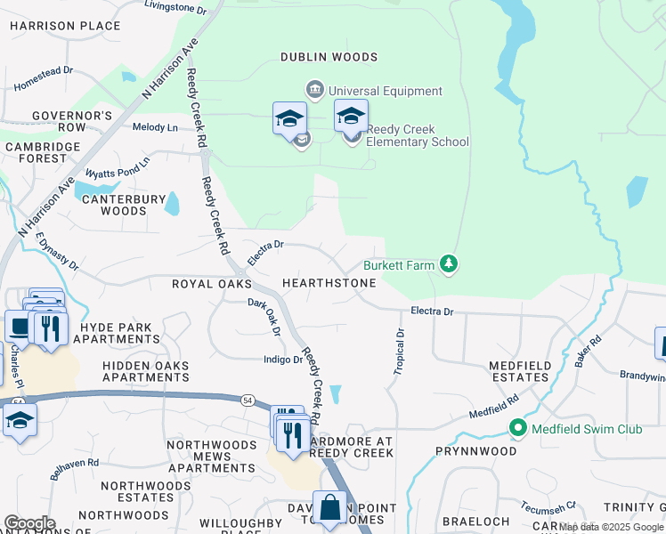 map of restaurants, bars, coffee shops, grocery stores, and more near 302 Electra Drive in Cary