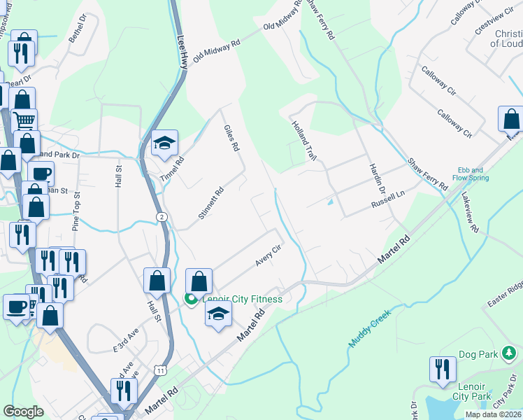 map of restaurants, bars, coffee shops, grocery stores, and more near 315 James Drive in Lenoir City