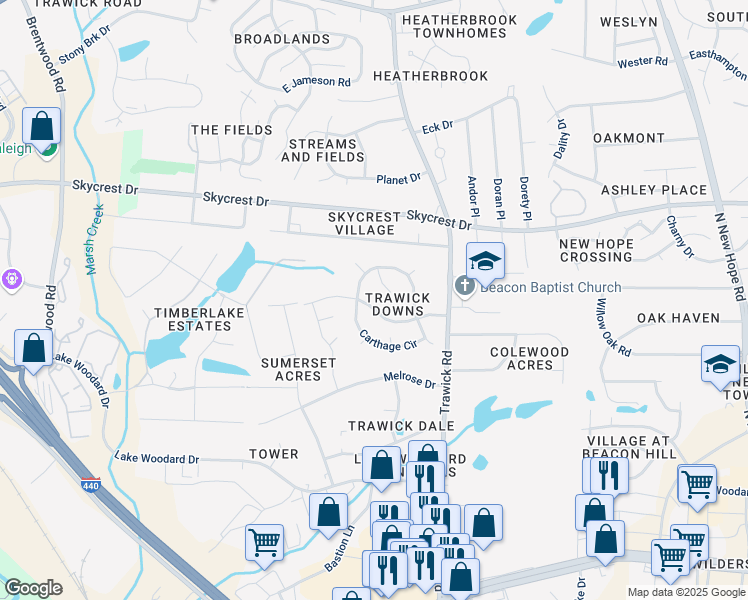 map of restaurants, bars, coffee shops, grocery stores, and more near 3509 Piedmont Drive in Raleigh