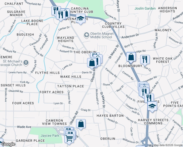map of restaurants, bars, coffee shops, grocery stores, and more near 2601 Davis Street in Raleigh