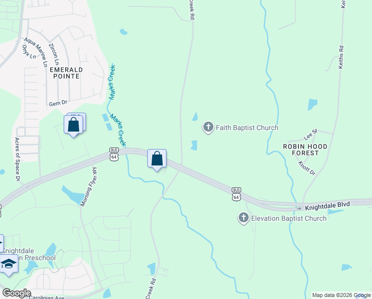map of restaurants, bars, coffee shops, grocery stores, and more near 2716 Marks Creek Road in Knightdale