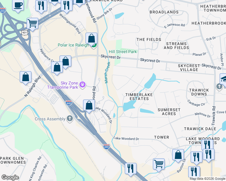 map of restaurants, bars, coffee shops, grocery stores, and more near 2107 Langdon Drive in Raleigh