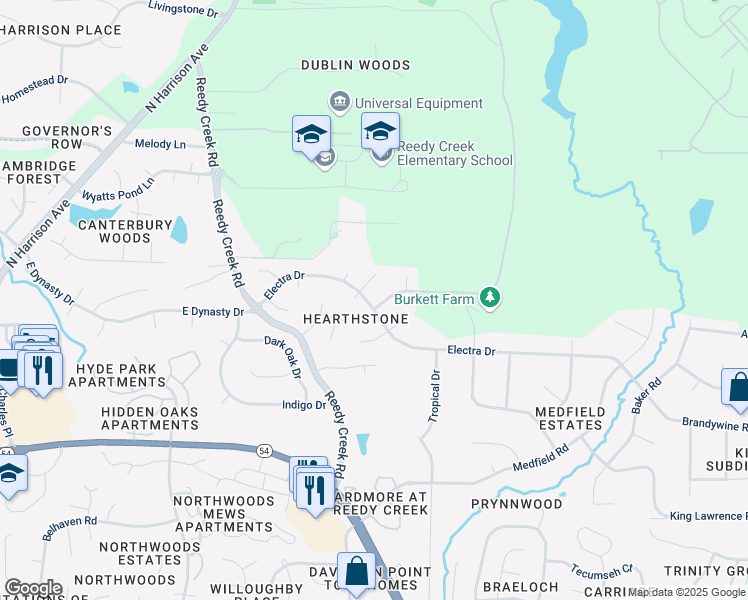 map of restaurants, bars, coffee shops, grocery stores, and more near 302 Electra Drive in Cary