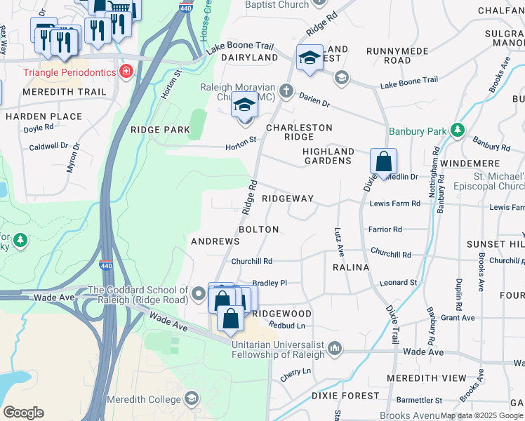 map of restaurants, bars, coffee shops, grocery stores, and more near 1523 Dellwood Drive in Raleigh