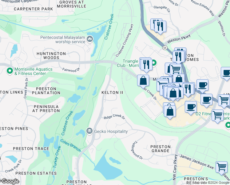 map of restaurants, bars, coffee shops, grocery stores, and more near 704 Kirkeenan Circle in Morrisville