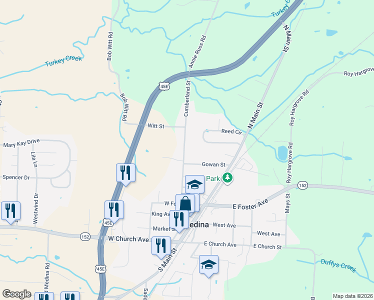 map of restaurants, bars, coffee shops, grocery stores, and more near 428 Cumberland Street in Medina