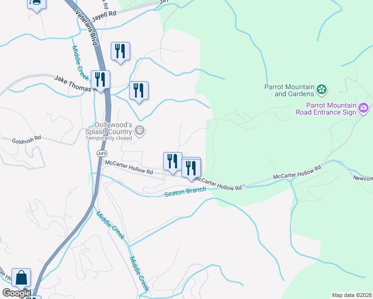 map of restaurants, bars, coffee shops, grocery stores, and more near 2106 Hickory Manor Road in Sevierville