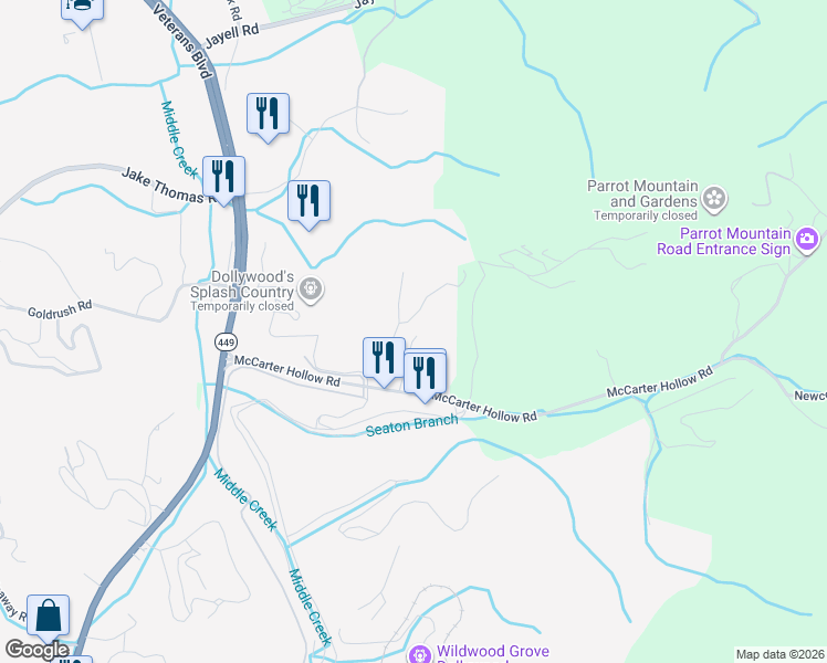 map of restaurants, bars, coffee shops, grocery stores, and more near 2106 Hickory Manor Road in Sevierville