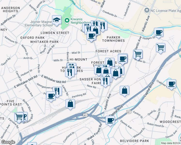 map of restaurants, bars, coffee shops, grocery stores, and more near 722 Kimbrough Street in Raleigh