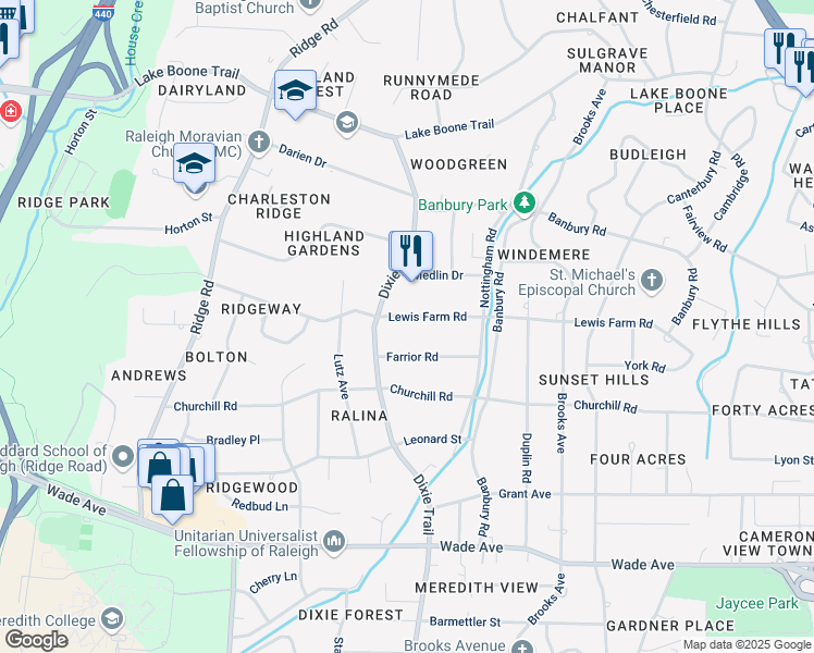 map of restaurants, bars, coffee shops, grocery stores, and more near 3033 Lewis Farm Road in Raleigh