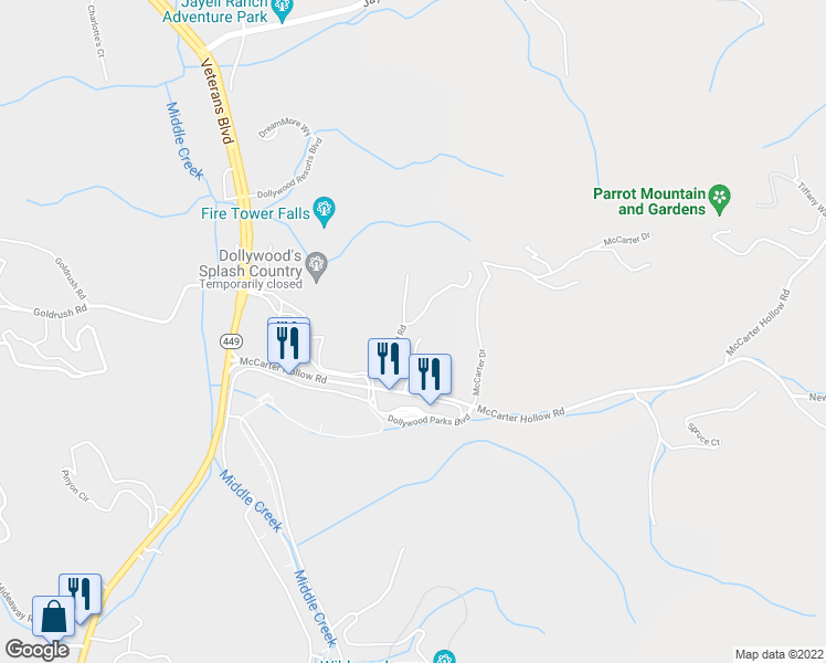 map of restaurants, bars, coffee shops, grocery stores, and more near 2106 Hickory Manor Road in Sevierville