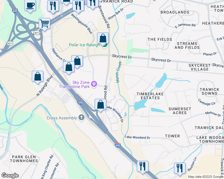 map of restaurants, bars, coffee shops, grocery stores, and more near 2030 Brentwood Road in Raleigh