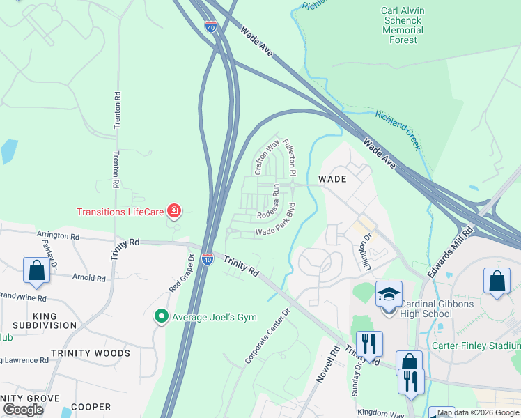 map of restaurants, bars, coffee shops, grocery stores, and more near 1404 Crafton Way in Raleigh