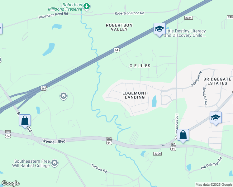 map of restaurants, bars, coffee shops, grocery stores, and more near 1245 Hawks Perch Way in Wendell