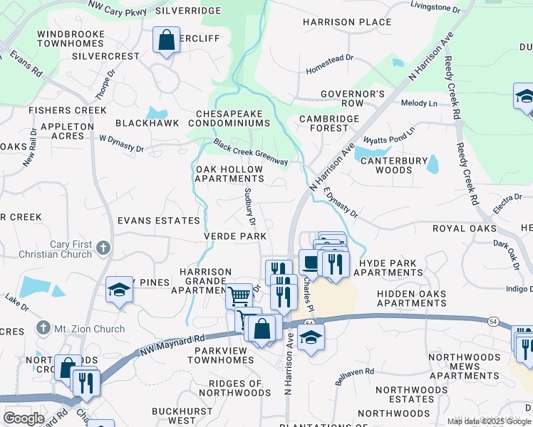 map of restaurants, bars, coffee shops, grocery stores, and more near 360 Roberts Ridge Drive in Cary