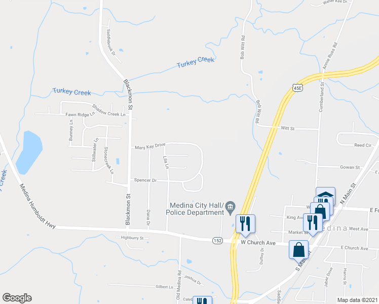 map of restaurants, bars, coffee shops, grocery stores, and more near 163 Ainsley Cove in Medina