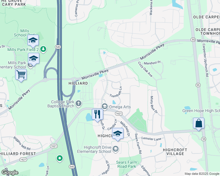map of restaurants, bars, coffee shops, grocery stores, and more near 5216 Shergold Street in Cary