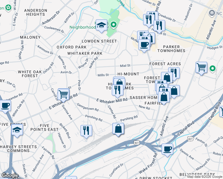 map of restaurants, bars, coffee shops, grocery stores, and more near 1921 Bernard Street in Raleigh