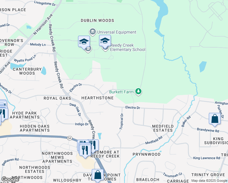 map of restaurants, bars, coffee shops, grocery stores, and more near 110 Vineyard Lane in Cary