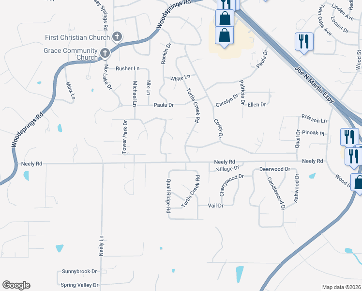 map of restaurants, bars, coffee shops, grocery stores, and more near 2925 Turtle Creek Road in Jonesboro