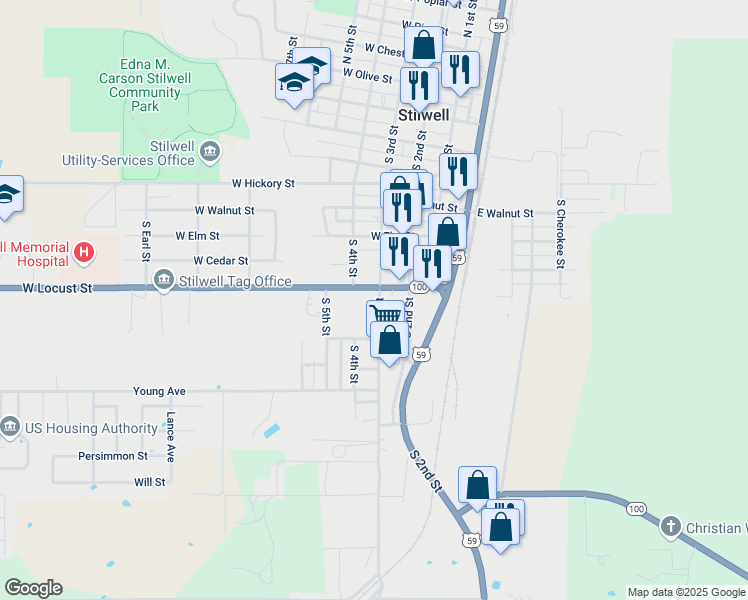 map of restaurants, bars, coffee shops, grocery stores, and more near 300 West Locust Street in Stilwell