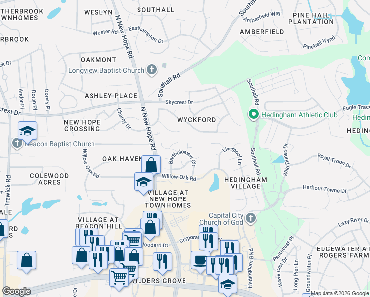 map of restaurants, bars, coffee shops, grocery stores, and more near 4405 Bartholomew Circle in Raleigh