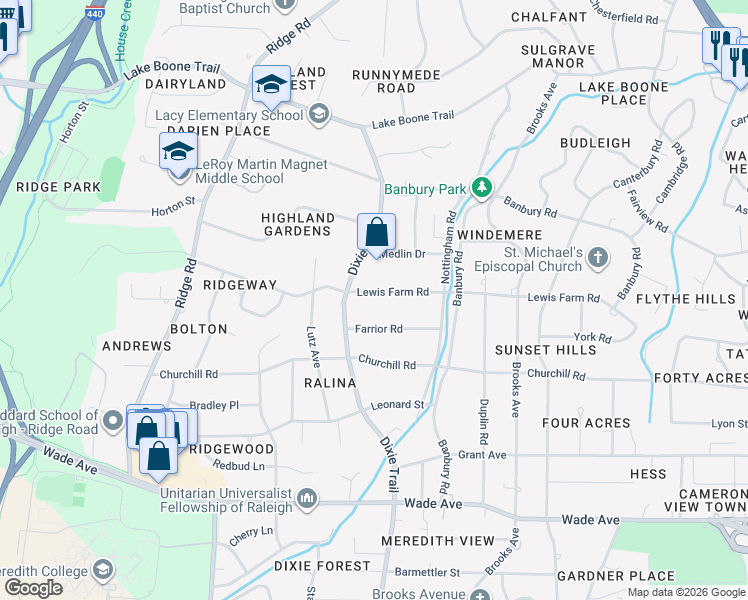 map of restaurants, bars, coffee shops, grocery stores, and more near 3033 Lewis Farm Road in Raleigh