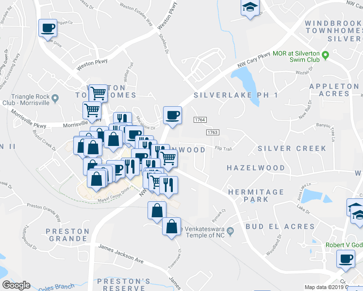 map of restaurants, bars, coffee shops, grocery stores, and more near 500 Flip Trail in Cary
