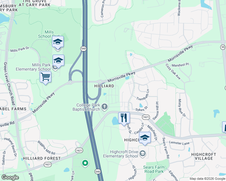 map of restaurants, bars, coffee shops, grocery stores, and more near 7216 Green Hope School Road in Cary