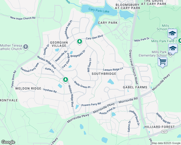 map of restaurants, bars, coffee shops, grocery stores, and more near 3005 Mill Gate Lane in Cary
