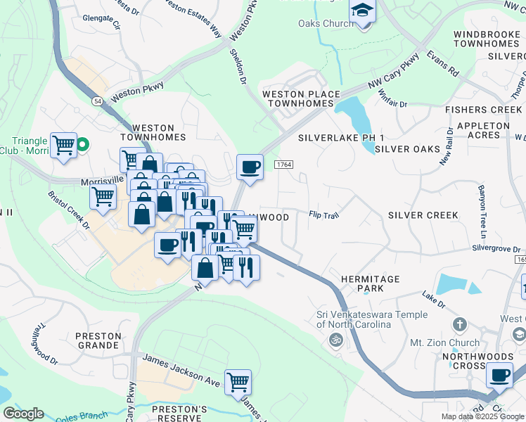 map of restaurants, bars, coffee shops, grocery stores, and more near 500 Flip Trail in Cary