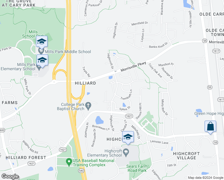 map of restaurants, bars, coffee shops, grocery stores, and more near 5319 Cambridgeshire Loop in Cary