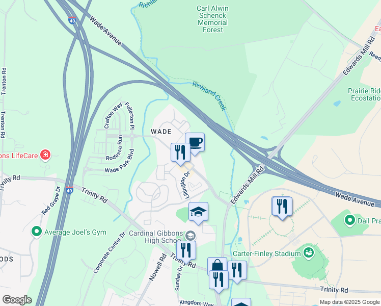 map of restaurants, bars, coffee shops, grocery stores, and more near 5440 Wade Park Boulevard in Raleigh