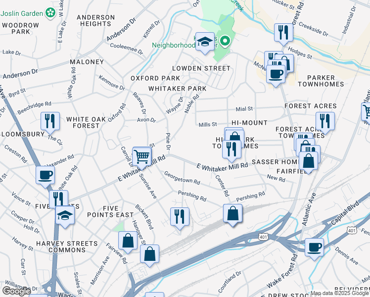map of restaurants, bars, coffee shops, grocery stores, and more near 401 East Whitaker Mill Road in Raleigh